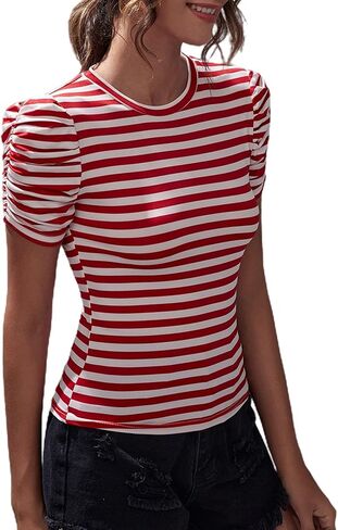 LilyCoco Striped Shirt Women Casual Summer Short Puff Sleeve Crew Neck Fitted Top in Saudi Arabia
