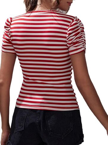 LilyCoco Striped Shirt Women Casual Summer Short Puff Sleeve Crew Neck Fitted Top in Saudi Arabia