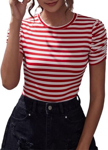 LilyCoco Striped Shirt Women Casual Summer Short Puff Sleeve Crew Neck Fitted Top in Saudi Arabia