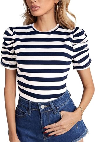 LilyCoco Striped Shirt Women Casual Summer Short Puff Sleeve Crew Neck Fitted Top in Saudi Arabia