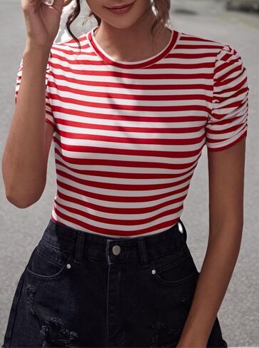 LilyCoco Striped Shirt Women Casual Summer Short Puff Sleeve Crew Neck Fitted Top in Saudi Arabia
