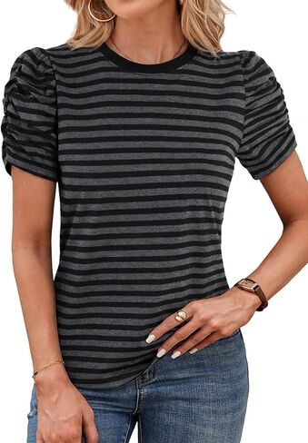 LilyCoco Striped Shirt Women Casual Summer Short Puff Sleeve Crew Neck Fitted Top in Saudi Arabia