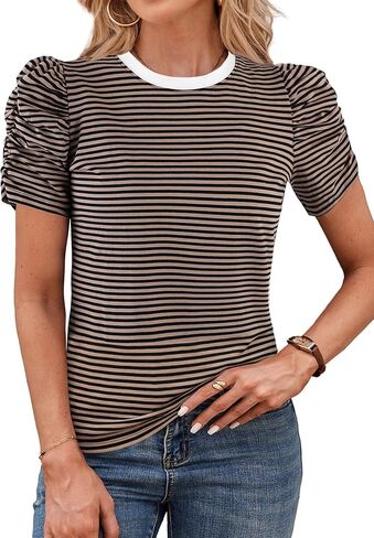LilyCoco Striped Shirt Women Casual Summer Short Puff Sleeve Crew Neck Fitted Top in Saudi Arabia