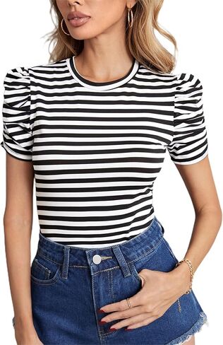 LilyCoco Striped Shirt Women Casual Summer Short Puff Sleeve Crew Neck Fitted Top in Saudi Arabia
