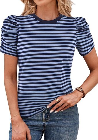 LilyCoco Striped Shirt Women Casual Summer Short Puff Sleeve Crew Neck Fitted Top in Saudi Arabia