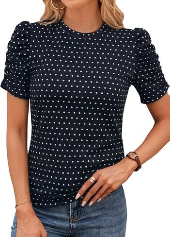 LilyCoco Striped Shirt Women Casual Summer Short Puff Sleeve Crew Neck Fitted Top in Saudi Arabia