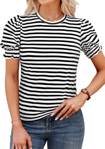 LilyCoco Striped Shirt Women Casual Summer Short Puff Sleeve Crew Neck Fitted Top in Saudi Arabia