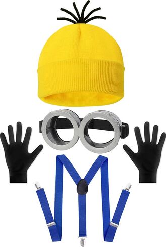 4 Pcs Adult Halloween Costume Accessories,Yellow Beanie/Suspenders/Goggles glasses/Gloves Cosplay Party Set in Kuwait
