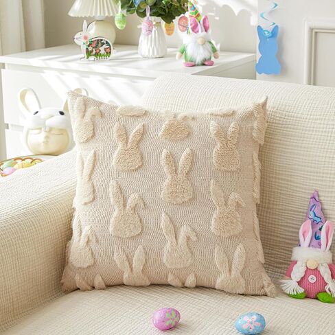 Easter Throw Pillow Covers 18x18 inch Set of 2 for Easter Decorations Beige Bunny Rabbit Soft Plush Faux Fur Wool Pillow Covers for Sofa Living Room Couch Bed in Saudi Arabia