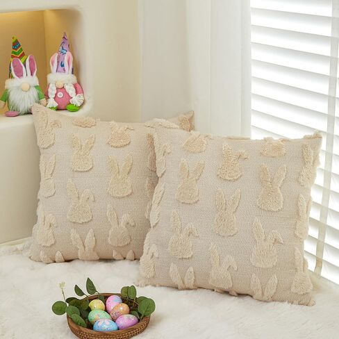 Easter Throw Pillow Covers 18x18 inch Set of 2 for Easter Decorations Beige Bunny Rabbit Soft Plush Faux Fur Wool Pillow Covers for Sofa Living Room Couch Bed in Saudi Arabia