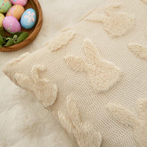 Easter Throw Pillow Covers 18x18 inch Set of 2 for Easter Decorations Beige Bunny Rabbit Soft Plush Faux Fur Wool Pillow Covers for Sofa Living Room Couch Bed in Saudi Arabia