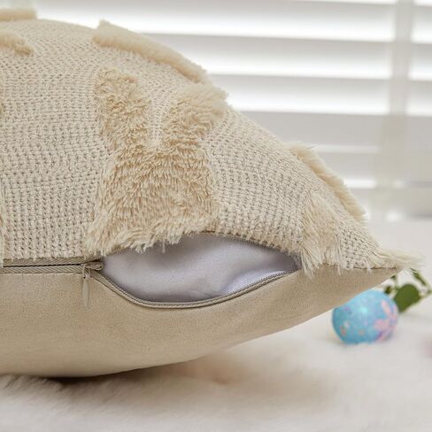 Easter Throw Pillow Covers 18x18 inch Set of 2 for Easter Decorations Beige Bunny Rabbit Soft Plush Faux Fur Wool Pillow Covers for Sofa Living Room Couch Bed in Saudi Arabia