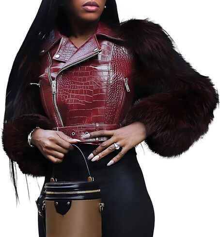 سترة جلدية نسائية مقصوصة من البولي يوريثان بسحاب معطف للدراجات النارية بأكمام من الفرو الصناعي سترات قصيرة لسائقي الدراجات النارية مع حزام in Kuwait