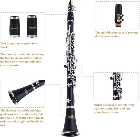 YANASON B فلات كلارينيت الأسود - مفاتيح نيكل مع 2 برميل حالة حامل شريط القصب 8 وسادات 2 قطعة قماش تنظيف in Kuwait