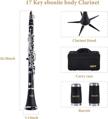 YANASON B فلات كلارينيت الأسود - مفاتيح نيكل مع 2 برميل حالة حامل شريط القصب 8 وسادات 2 قطعة قماش تنظيف in Kuwait