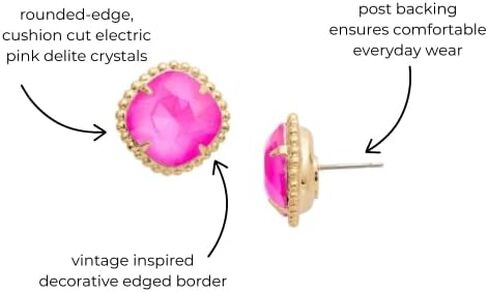 أقراط Sorrelli المرصعة على شكل وسادة من Sorrelli - ترصيع كريستال مستوحى من الطراز القديم مع حواف مزخرفة، ظهر يومي، لون البطيخ البري in Kuwait