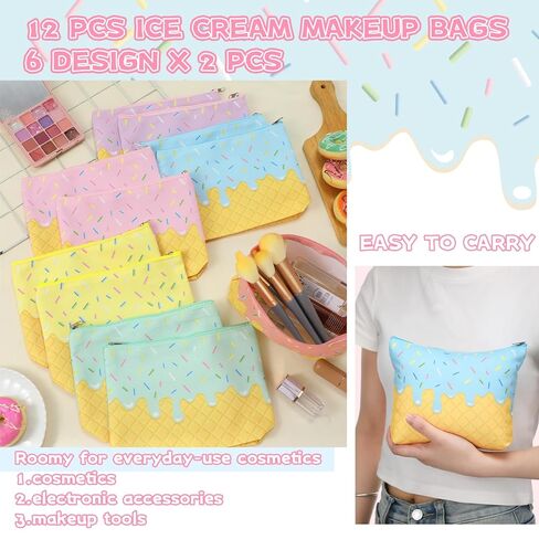 12 Pcs Ice Cream Drip Makeup Bags for Women Gifts Ice Cream Cone Cosmetic Bags Toiletry Zipper Pouch Sweet Lover Presents Birthday Party Favors Decorations in Saudi Arabia