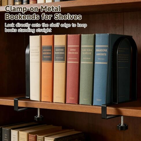 2 PCS Clamp-on Metal Bookends, Adjustable Heavy Duty Book End with Clamp for Shelves, Non Slip Book Organizer Holders for Notebooks Files Magazines, Fits Thickness 1.6 in in Kuwait