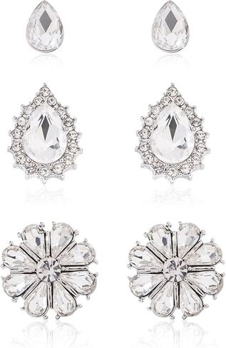 مجموعة أقراط كريستال، 3 أزواج من حجر الراين المزخرف بالزهور والدمعة هدية مجوهرات لحفلات الزفاف in Kuwait