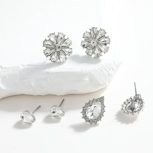 مجموعة أقراط كريستال، 3 أزواج من حجر الراين المزخرف بالزهور والدمعة هدية مجوهرات لحفلات الزفاف in Kuwait