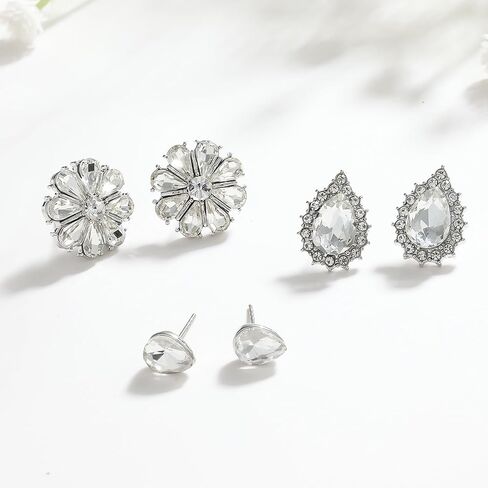 مجموعة أقراط كريستال، 3 أزواج من حجر الراين المزخرف بالزهور والدمعة هدية مجوهرات لحفلات الزفاف in Kuwait