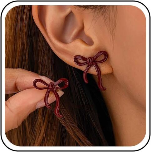 خمر القوس الأحمر الشريط أقراط غير النظامية الأحمر Bowknot أقراط المينا بورجوندي القوس مربط القرط الجوف ربطة القوس فيونكة القرط مجوهرات للنساء in Saudi Arabia