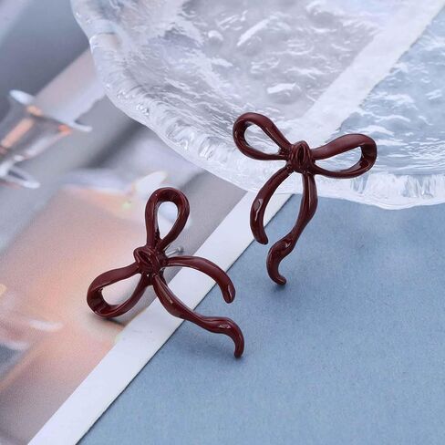 خمر القوس الأحمر الشريط أقراط غير النظامية الأحمر Bowknot أقراط المينا بورجوندي القوس مربط القرط الجوف ربطة القوس فيونكة القرط مجوهرات للنساء in Saudi Arabia