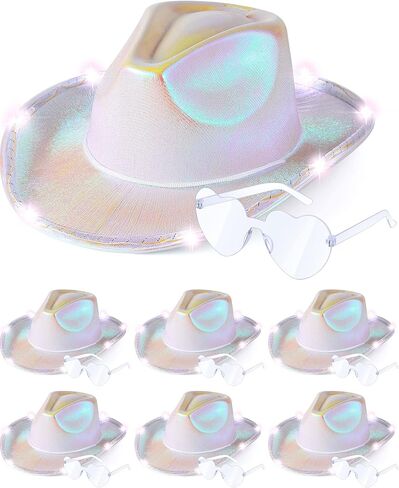 Jecery 12/24/36 Pcs Light Holographic Space Cowgirl Hat and Heart Shape Sunglasses LED Rave Cowboy Hat in Saudi Arabia