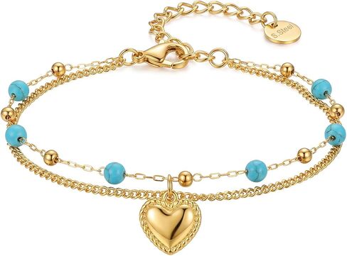 RINHOO FRIENDSHIP Boho الفيروز سوار صغير الخرز الفولاذ المقاوم للصدأ سلسلة مزدوجة الطبقات - مجوهرات الصيف عطلة الشاطئ للنساء in Kuwait