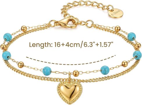 RINHOO FRIENDSHIP Boho الفيروز سوار صغير الخرز الفولاذ المقاوم للصدأ سلسلة مزدوجة الطبقات - مجوهرات الصيف عطلة الشاطئ للنساء in Kuwait