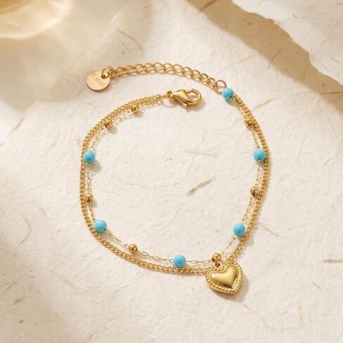 RINHOO FRIENDSHIP Boho الفيروز سوار صغير الخرز الفولاذ المقاوم للصدأ سلسلة مزدوجة الطبقات - مجوهرات الصيف عطلة الشاطئ للنساء in Kuwait