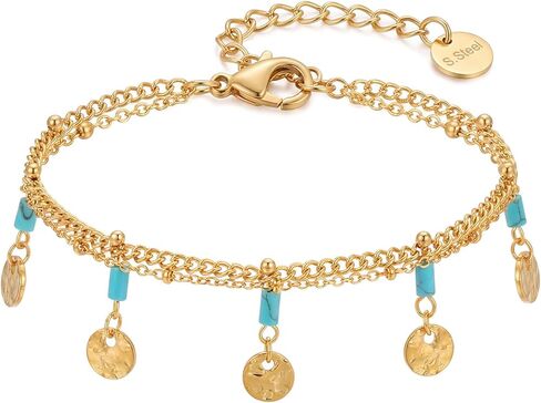 RINHOO FRIENDSHIP Boho الفيروز سوار صغير الخرز الفولاذ المقاوم للصدأ سلسلة مزدوجة الطبقات - مجوهرات الصيف عطلة الشاطئ للنساء in Kuwait