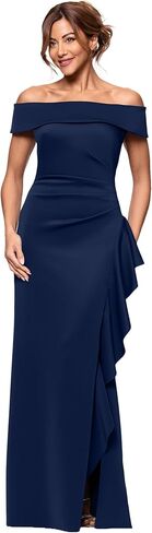 Xscape Women's Scuba Off The Shoulder Ruffle Detail Floor Length Dress (Petite) in Saudi Arabia