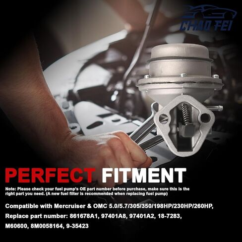 Mechanical Fuel Pump 861678A1 Compatible with Mercury Marine Mercruiser & OMC 5.0/5.7/305/350/198HP/230HP/260HP Replace 97401A8, 97401A2, 18-7283, M60600, 8M0058164, 9-35423 in Kuwait