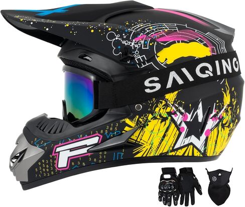 خوذة موتوكروس، خوذة الوجه الكامل للبالغين والشباب، خوذة دراجة نارية ATV، خوذة الدراجة الجبلية على الطرق الوعرة، معتمدة من DOT، مجموعة من 4 قطع (أسود، L) in Kuwait