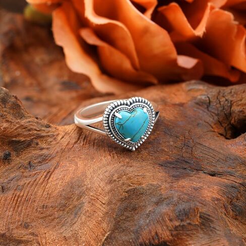 Genuine Turquoise Rings for Women 925 Sterling Silver Heart Turquoise Ring Vintage Western Nature Gemstone Turquoise Jewelry for Women in Kuwait