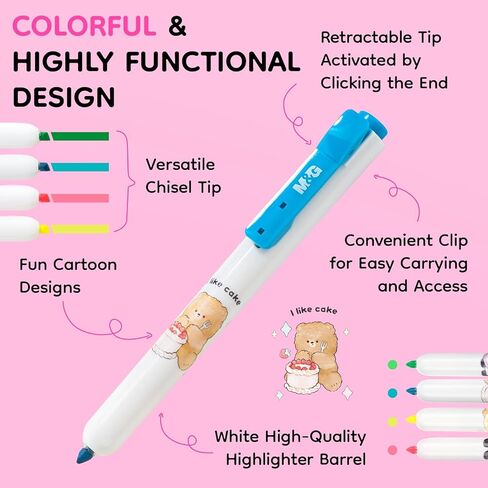 M&G 4 Pack Retractable Highlighters, Cute Pastel Chisel Tip Highlighter Pens, No-Bleed Quick-Dry Highlighter Set in Assorted Colors, Cartoon Design, Ideal for Journaling, Bible, School in Saudi Arabia