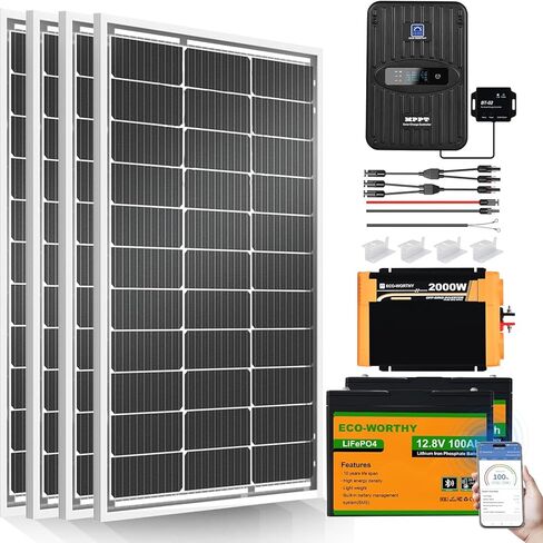 مجموعة الألواح الشمسية الكاملة 1.6KWH ذات القيمة البيئية 400 وات 12 فولت للمركبات الترفيهية خارج الشبكة: لوحة شمسية 4 * 100 وات + وحدة تحكم MPPT 40 أمبير + بطارية ليثيوم 2 * 12 فولت 100 أمبير + عاكس طاقة 2000 وات مطور + وحدة بلوتوث in Kuwait