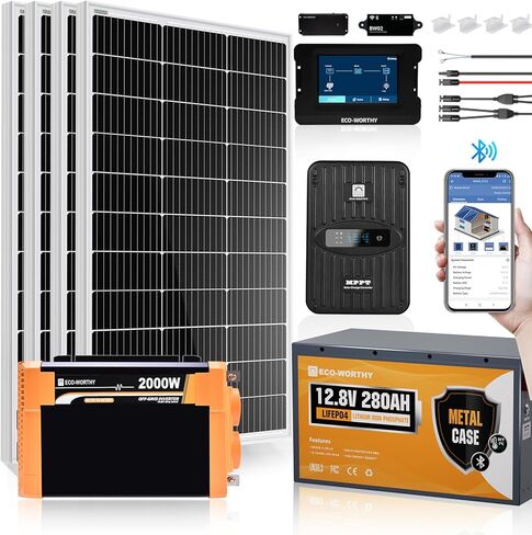 ECO-Worthy 1.6KWH Complete Solar Panel Kit 400W 12V for RV Off Grid: 4 * 100W Solar Panel + 40A MPPT Controller + 2 * 12V 100Ah Lithium Battery + Upgraded 2000W Power Inverter + Bluetooth Module in Kuwait