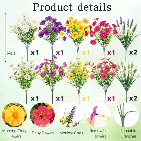 N&T NIETING Artificial Flowers for Outdoors, 12 Bundles Mixed Faux Silk Spring Flowers Look Real Fake Plants for Front Door Porch Planter Patio Garden Yard in Kuwait