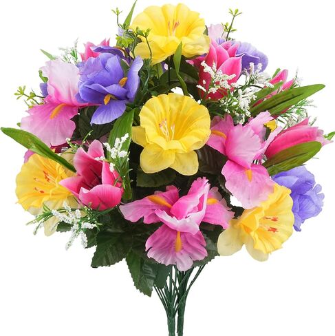 14 Stems Artificial Daffodils Flowers Bouquet Mixed Fake Tulips Flowers 17" Bush Faux Silk Spring Floral Arrangements Grave Cemetery for Home Kitchen Table Centerpiece Indoor Decoration (2PCS) in Kuwait