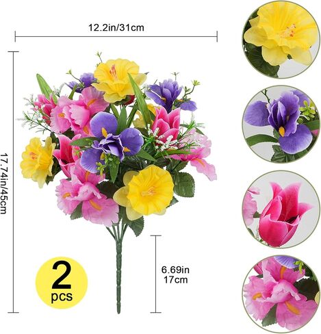 14 Stems Artificial Daffodils Flowers Bouquet Mixed Fake Tulips Flowers 17" Bush Faux Silk Spring Floral Arrangements Grave Cemetery for Home Kitchen Table Centerpiece Indoor Decoration (2PCS) in Saudi Arabia
