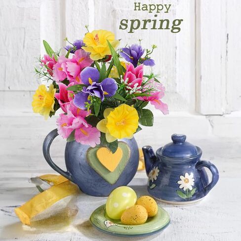 14 Stems Artificial Daffodils Flowers Bouquet Mixed Fake Tulips Flowers 17" Bush Faux Silk Spring Floral Arrangements Grave Cemetery for Home Kitchen Table Centerpiece Indoor Decoration (2PCS) in Saudi Arabia