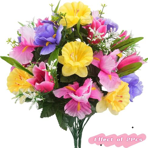 14 Stems Artificial Daffodils Flowers Bouquet Mixed Fake Tulips Flowers 17" Bush Faux Silk Spring Floral Arrangements Grave Cemetery for Home Kitchen Table Centerpiece Indoor Decoration (2PCS) in Saudi Arabia