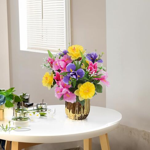 14 Stems Artificial Daffodils Flowers Bouquet Mixed Fake Tulips Flowers 17" Bush Faux Silk Spring Floral Arrangements Grave Cemetery for Home Kitchen Table Centerpiece Indoor Decoration (2PCS) in Saudi Arabia