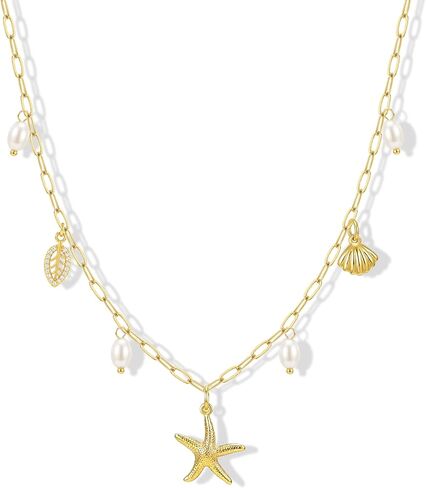 زيفي شل قلادة للنساء، 14K مطلية بالذهب الطبقات نجم البحر محارة صدف اللؤلؤ قلادة سحر قلادة كومة ماء مجوهرات الشاطئ لذيذ لقضاء عطلة الصيف in Kuwait