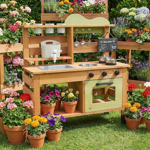 Kitchen Playset for Kids Ages 3-8, Wooden Pretend Play Kitchen for Toddlers, Including Telephone, Ice Maker, Refrigerator, Dimensions: 35" H x 31" W x 12" D (Brown) in Kuwait