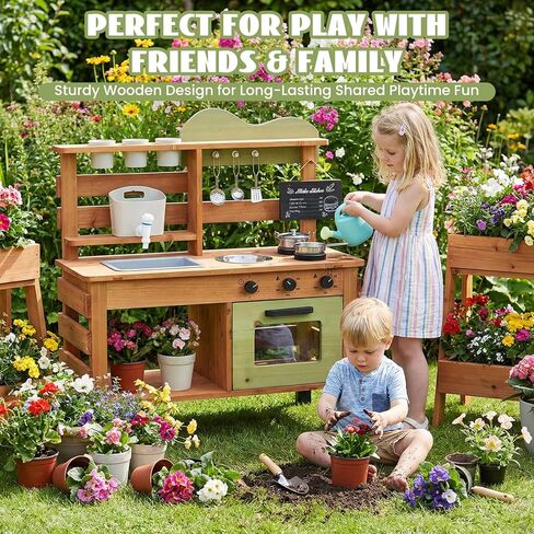 Kitchen Playset for Kids Ages 3-8, Wooden Pretend Play Kitchen for Toddlers, Including Telephone, Ice Maker, Refrigerator, Dimensions: 35" H x 31" W x 12" D (Brown) in Kuwait