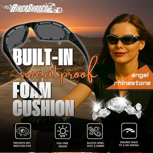 Women’s Bling Rhinestone Motorcycle Sunglasses Foam Padded Wrap Smoke HD Clear Yellow Lens Wind & Dust Resistant in Saudi Arabia