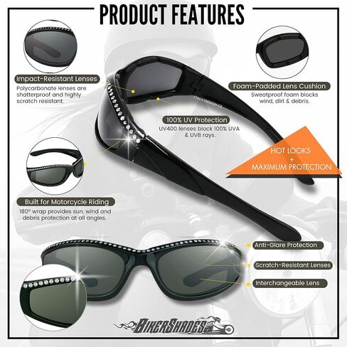 Women’s Bling Rhinestone Motorcycle Sunglasses Foam Padded Wrap Smoke HD Clear Yellow Lens Wind & Dust Resistant in Saudi Arabia